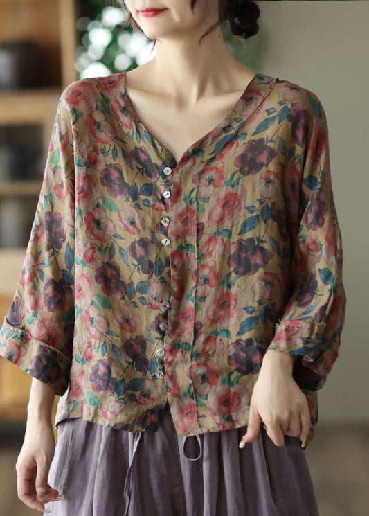 Casual Coffee V Neck Print Linen Shirt Tops Summer LY0222 - fabuloryshop