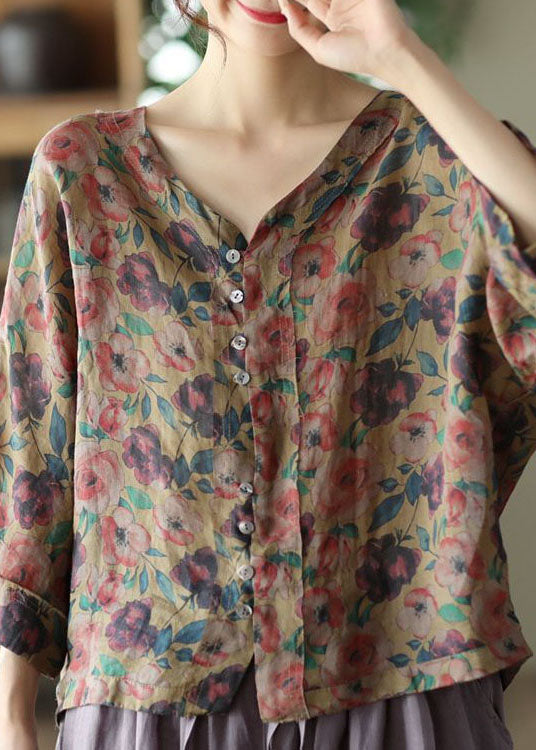 Casual Coffee V Neck Print Linen Shirt Tops Summer LY0222 - fabuloryshop