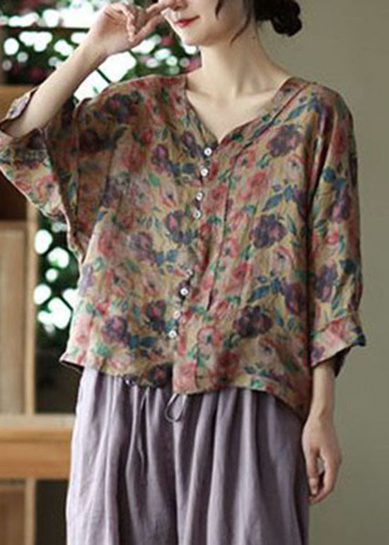 Casual Coffee V Neck Print Linen Shirt Tops Summer LY0222 - fabuloryshop