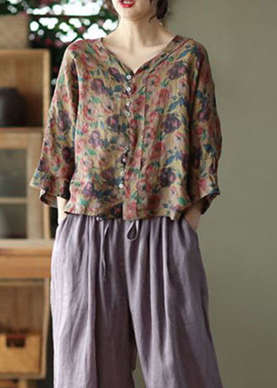 Casual Coffee V Neck Print Linen Shirt Tops Summer LY0222 - fabuloryshop