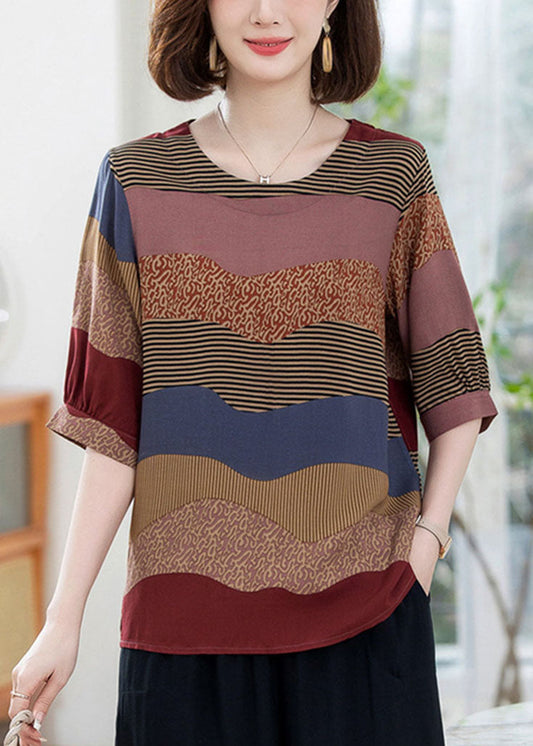 Casual Colorblock O Neck Print Patchwork Cotton T Shirt Summer LY5991 Ada Fashion