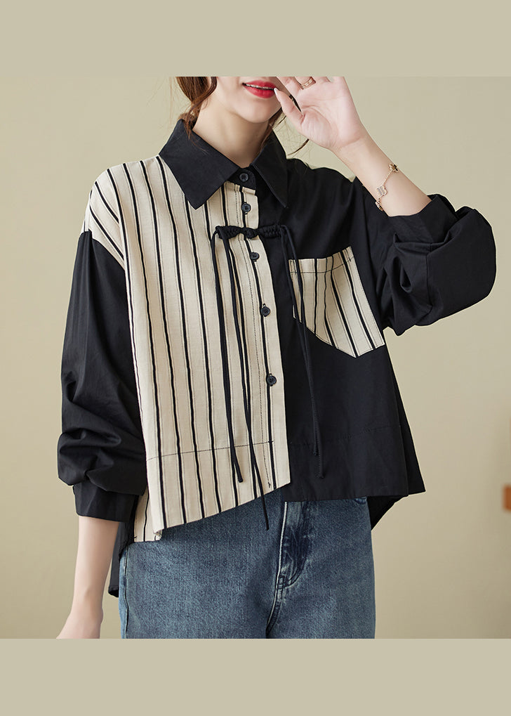 Casual Colorblock Striped Tasseled Patchwork Cotton Shirt Top Fall Ada Fashion