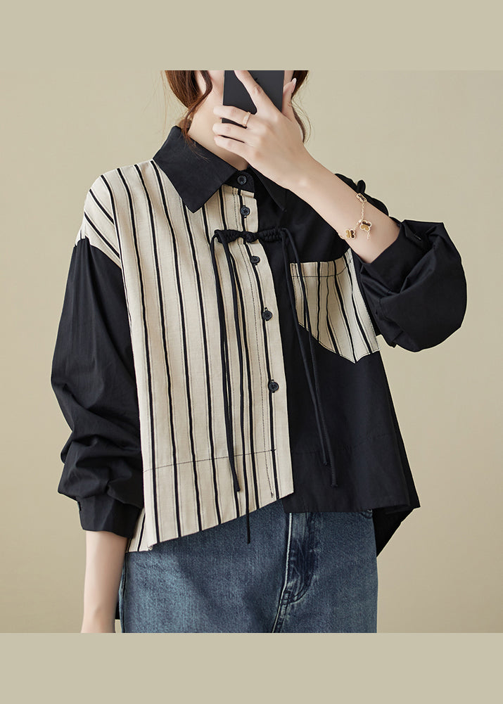 Casual Colorblock Striped Tasseled Patchwork Cotton Shirt Top Fall Ada Fashion