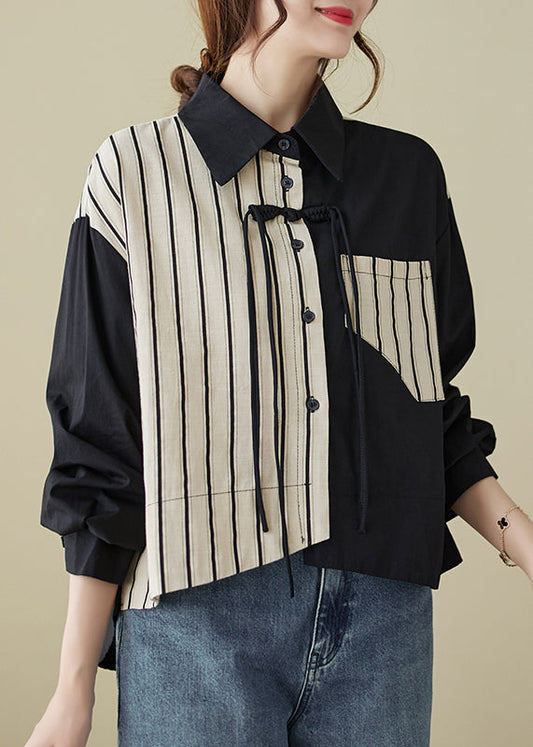 Casual Colorblock Striped Tasseled Patchwork Cotton Shirt Top Fall Ada Fashion