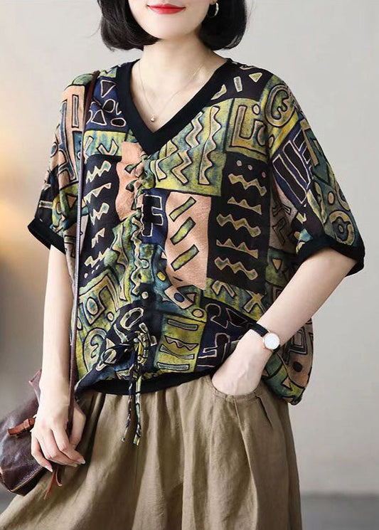 Casual Colorblock V Neck Print Drawstring Cotton Shirt Tops Summer LY5980 Ada Fashion