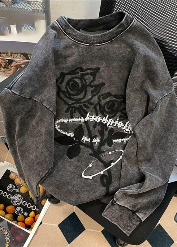 Casual Dark Grey O-Neck Rose Print Warm Fleece Pullover Long Sleeve Ada Fashion