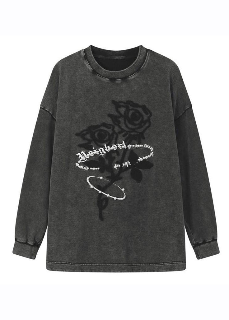 Casual Dark Grey O-Neck Rose Print Warm Fleece Pullover Long Sleeve Ada Fashion