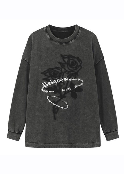 Casual Dark Grey O-Neck Rose Print Warm Fleece Pullover Long Sleeve Ada Fashion