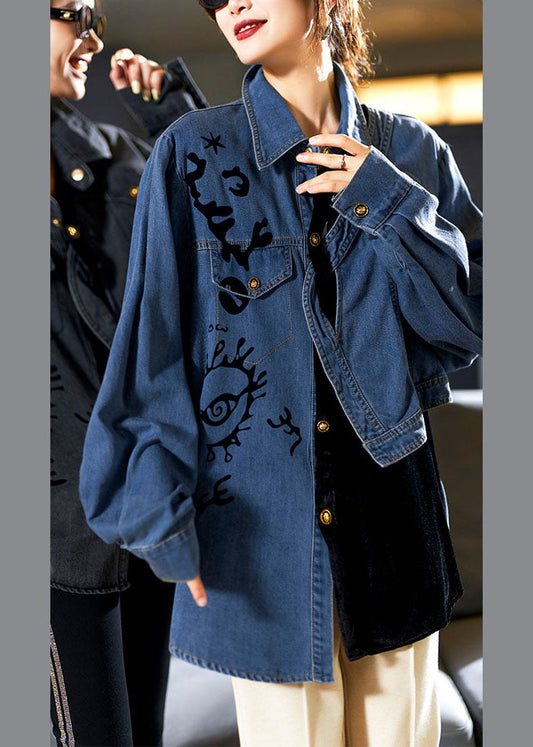 Casual Denim Blue Peter Pan Collar Asymmetrical Print Button Cotton Coats Long Sleeve Ada Fashion