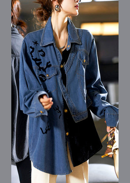 Casual Denim Blue Peter Pan Collar Asymmetrical Print Button Cotton Coats Long Sleeve Ada Fashion