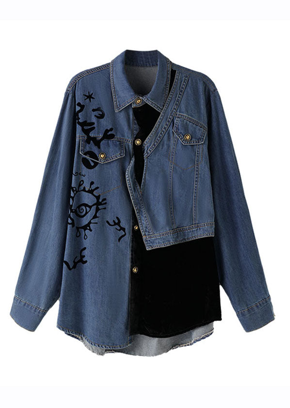 Casual Denim Blue Peter Pan Collar Asymmetrical Print Button Cotton Coats Long Sleeve Ada Fashion