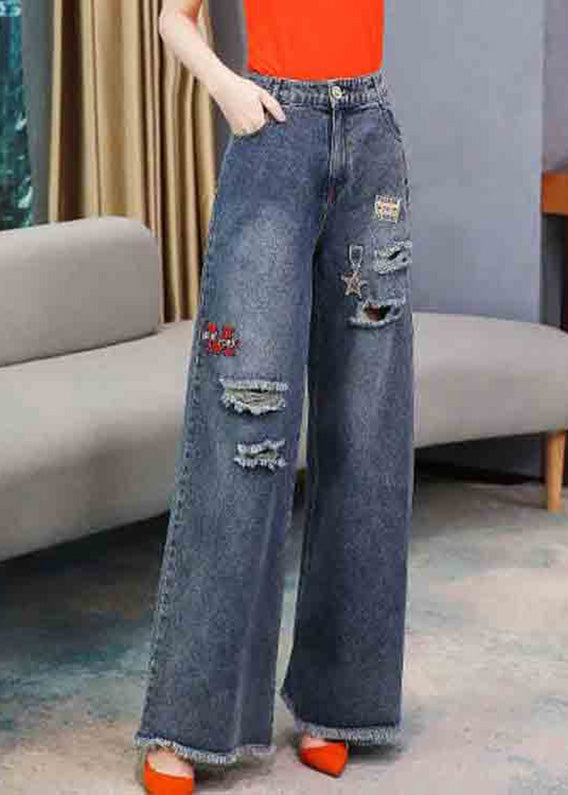 Casual Denim Navy Embroideried Elastic Waist Long Wide Leg Pants LY5263 - fabuloryshop