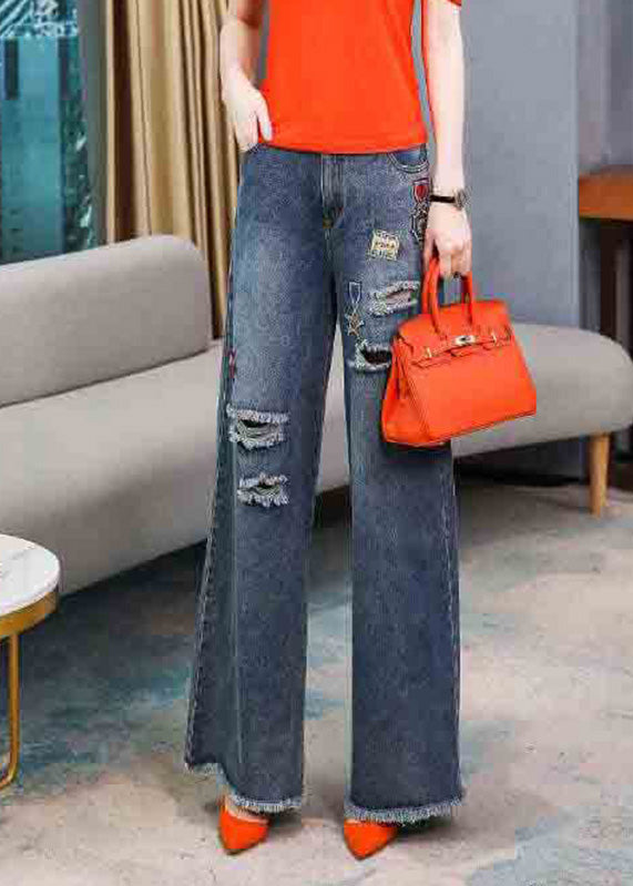 Casual Denim Navy Embroideried Elastic Waist Long Wide Leg Pants LY5263 - fabuloryshop