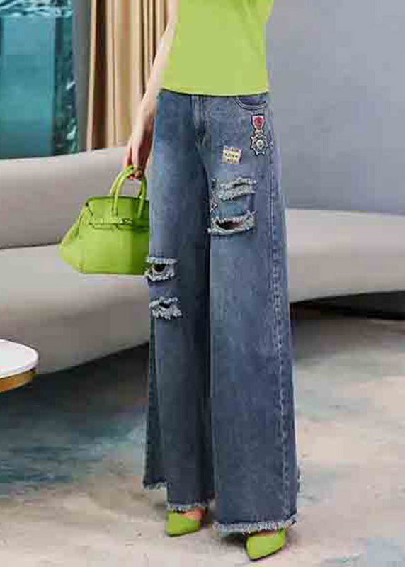 Casual Denim Navy Embroideried Elastic Waist Long Wide Leg Pants LY5263 - fabuloryshop