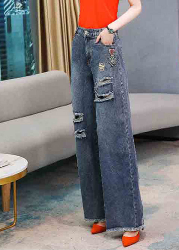 Casual Denim Navy Embroideried Elastic Waist Long Wide Leg Pants LY5263 - fabuloryshop