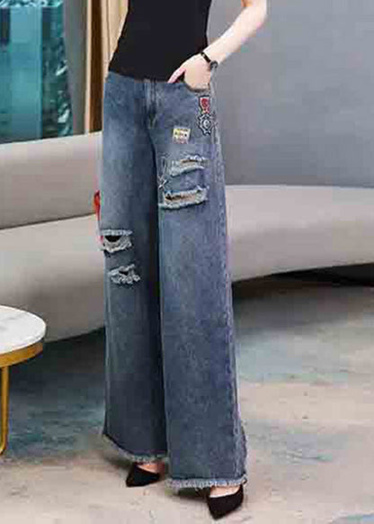 Casual Denim Navy Embroideried Elastic Waist Long Wide Leg Pants LY5263 - fabuloryshop