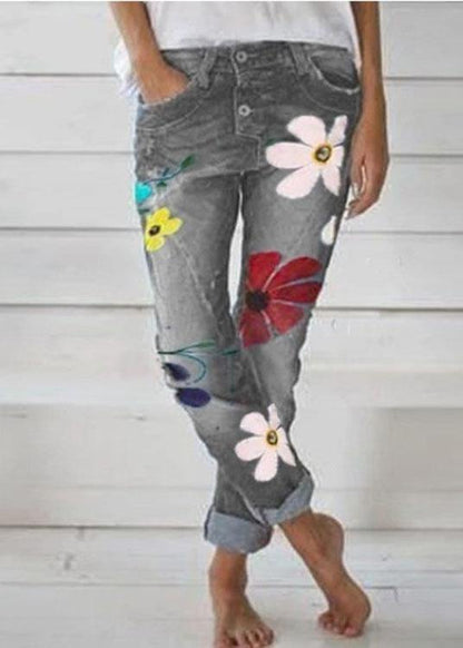 Casual Flower Print Denim Pants - fabuloryshop