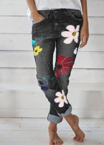 Casual Flower Print Denim Pants - fabuloryshop