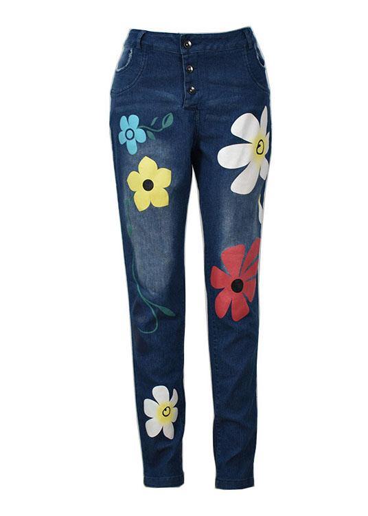 Casual Flower Print Denim Pants - fabuloryshop