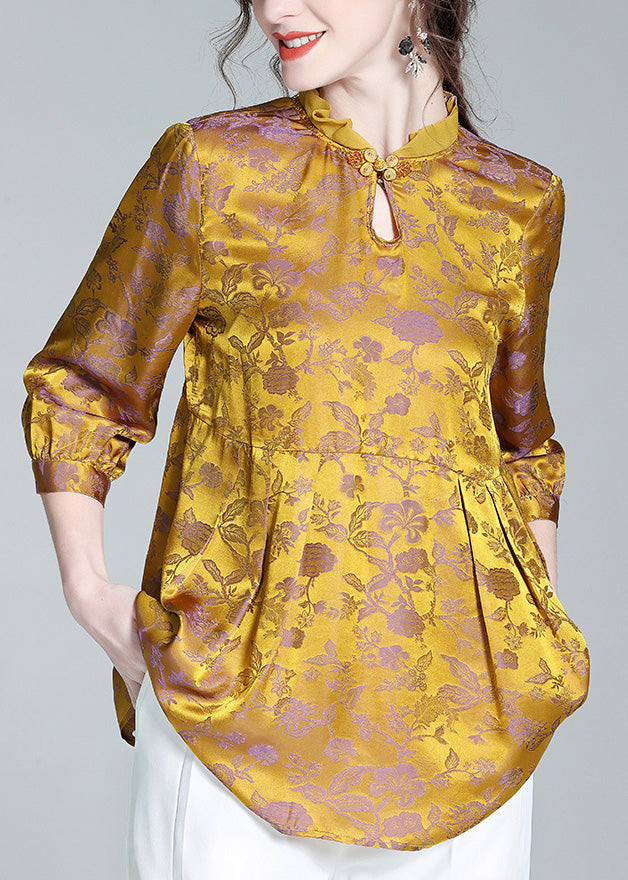 Casual Gold Stand Collar Print Button Silk Tops Long Sleeve LY0147 - fabuloryshop