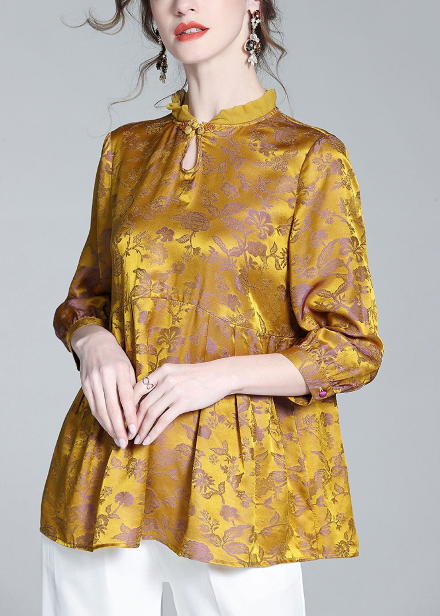 Casual Gold Stand Collar Print Button Silk Tops Long Sleeve LY0147 - fabuloryshop