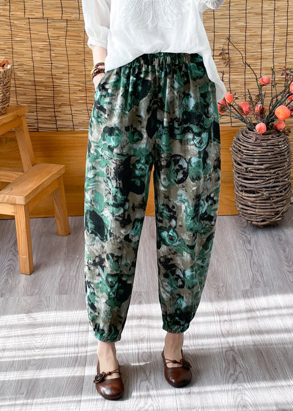 Casual Green Elastic Waist Crop Print Pants LY4444 - fabuloryshop