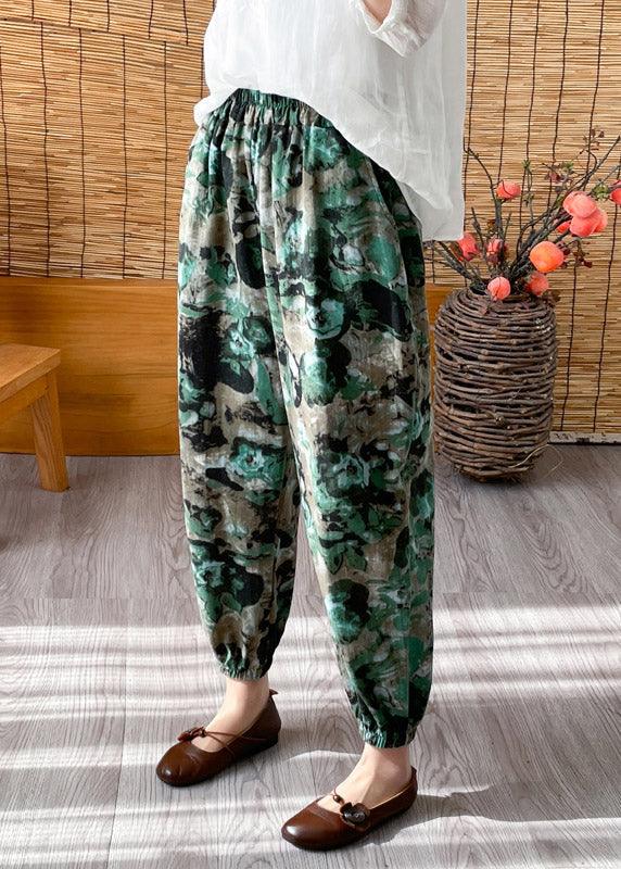 Casual Green Elastic Waist Crop Print Pants LY4444 - fabuloryshop