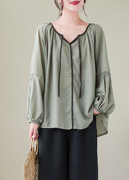 Casual Green Low High Design Ramie Tops Spring LY4471 - fabuloryshop