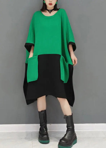 Casual Green O Neck Pockets Patchwork Cotton Mid Dresses Fall Ada Fashion