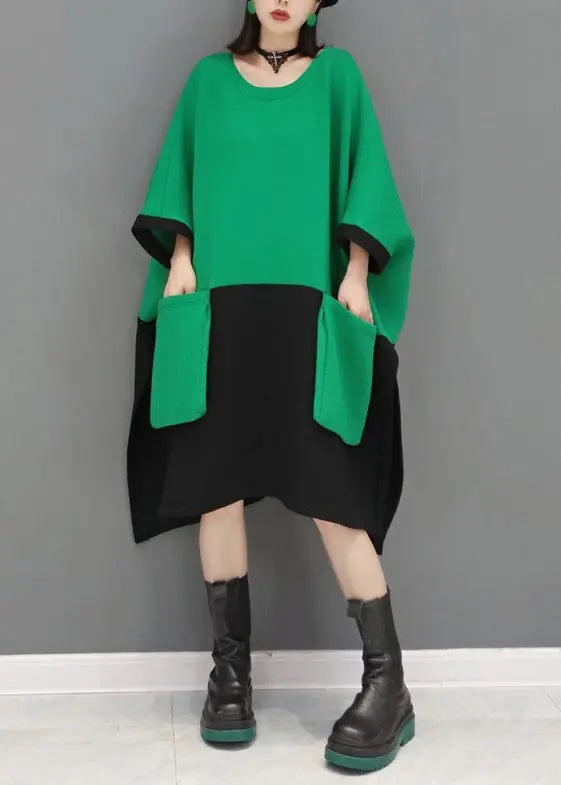 Casual Green O Neck Pockets Patchwork Cotton Mid Dresses Fall Ada Fashion