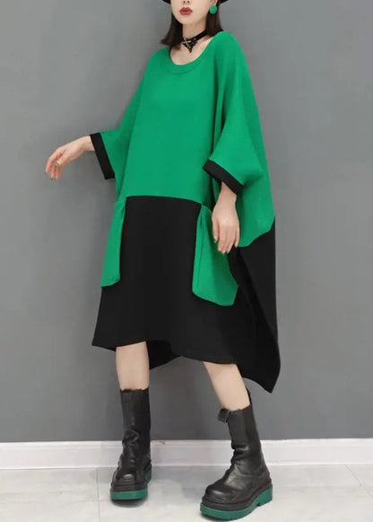 Casual Green O Neck Pockets Patchwork Cotton Mid Dresses Fall Ada Fashion