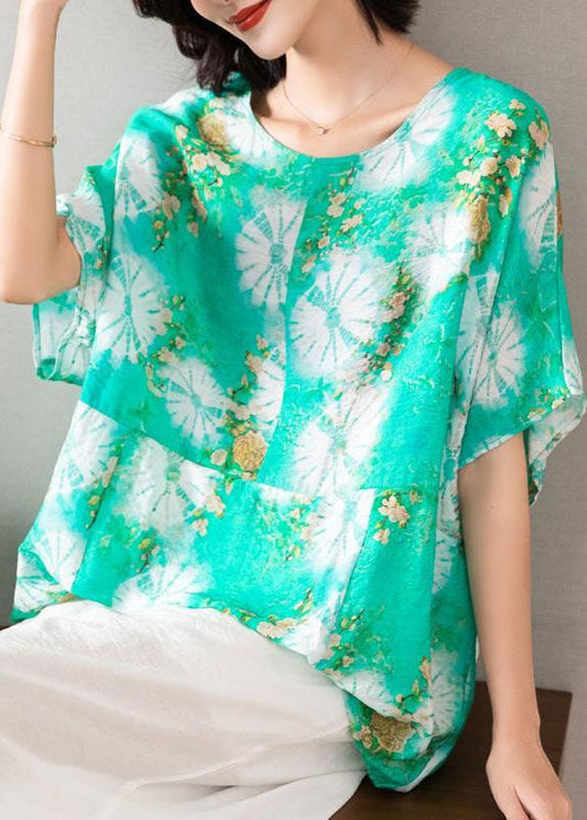 Casual Green O Neck Print Patchwork Silk Blouse Top Batwing Sleeve TI1053 - fabuloryshop