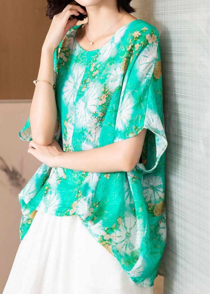 Casual Green O Neck Print Patchwork Silk Blouse Top Batwing Sleeve TI1053 - fabuloryshop