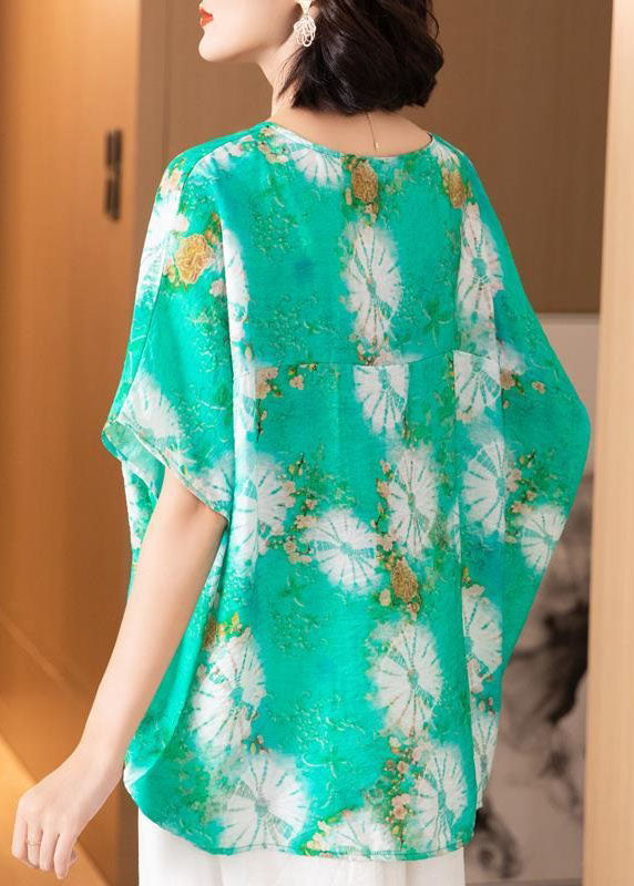 Casual Green O Neck Print Patchwork Silk Blouse Top Batwing Sleeve TI1053 - fabuloryshop