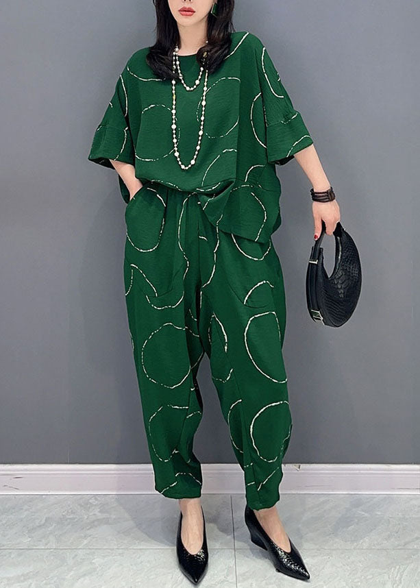 Casual Green O-Neck Print Tops And Pants Patchwork Cotton Two Pieces Set Summer Ada Fashion