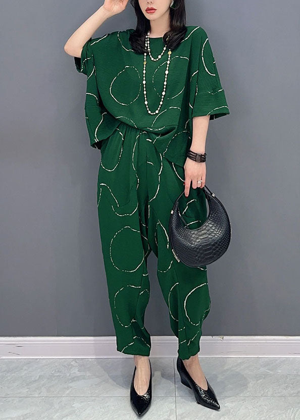 Casual Green O-Neck Print Tops And Pants Patchwork Cotton Two Pieces Set Summer Ada Fashion