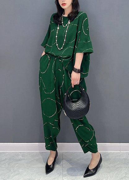 Casual Green O-Neck Print Tops And Pants Patchwork Cotton Two Pieces Set Summer Ada Fashion