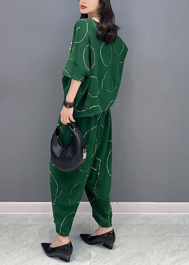 Casual Green O-Neck Print Tops And Pants Patchwork Cotton Two Pieces Set Summer Ada Fashion