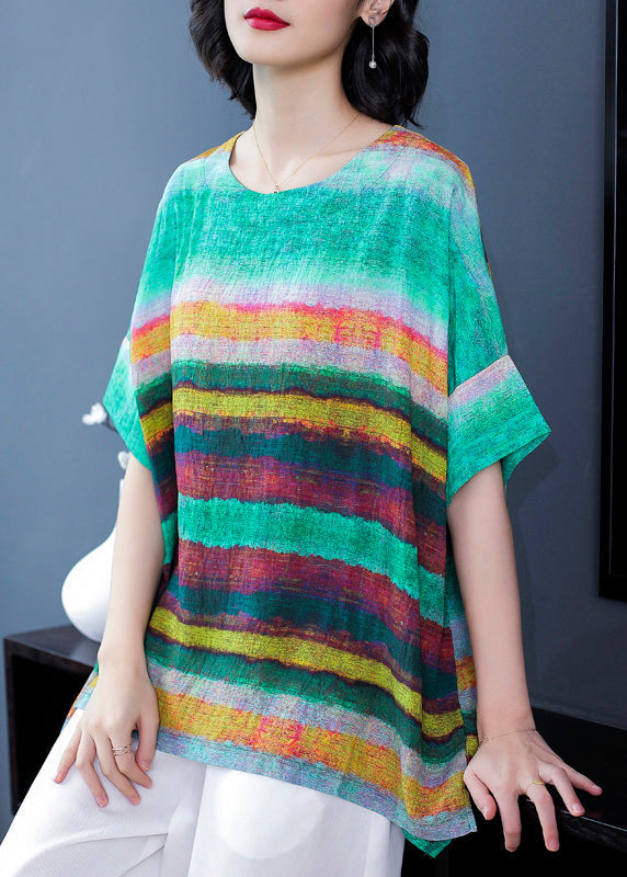 Casual Green O Neck Striped Patchwork Linen T Shirts Tops Summer TF1029 - fabuloryshop