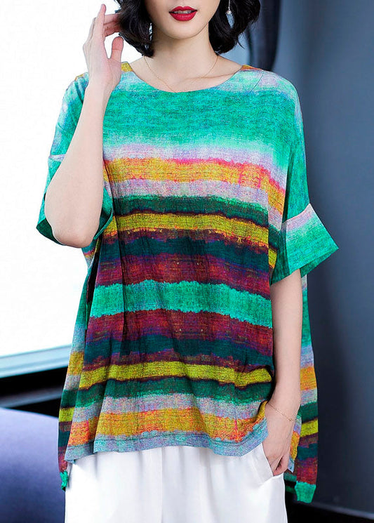 Casual Green O Neck Striped Patchwork Linen T Shirts Tops Summer TF1029 - fabuloryshop