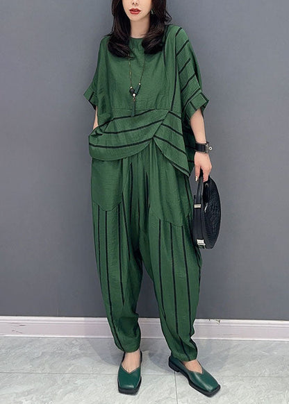 Casual Green O-Neck Striped Patchwork Tops And Pants Cotton Two Piece Set Summer LY5744 - fabuloryshop