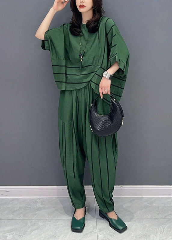 Casual Green O-Neck Striped Patchwork Tops And Pants Cotton Two Piece Set Summer LY5744 - fabuloryshop