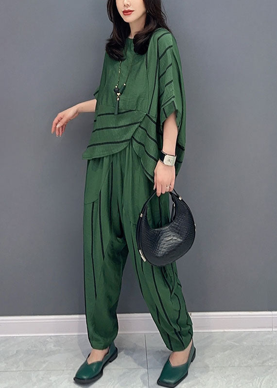 Casual Green O-Neck Striped Patchwork Tops And Pants Cotton Two Piece Set Summer LY5744 - fabuloryshop