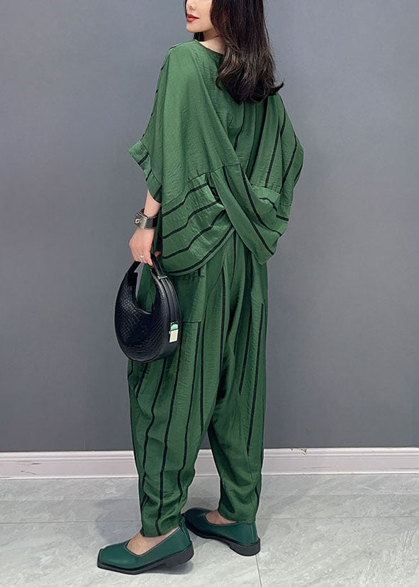 Casual Green O-Neck Striped Patchwork Tops And Pants Cotton Two Piece Set Summer LY5744 - fabuloryshop