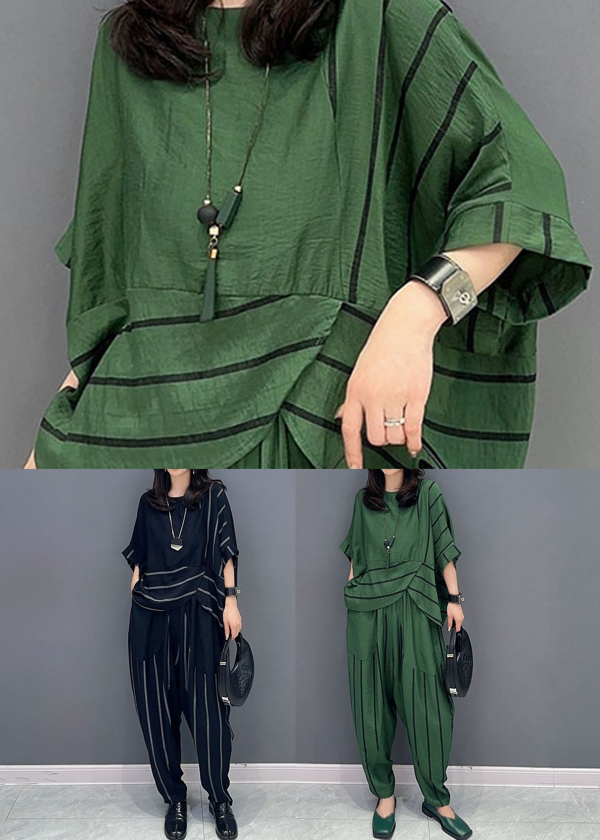 Casual Green O-Neck Striped Patchwork Tops And Pants Cotton Two Piece Set Summer LY5744 - fabuloryshop