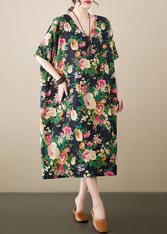 Casual Green Oversized Floral Linen Long Dress Summer LY7324 - fabuloryshop