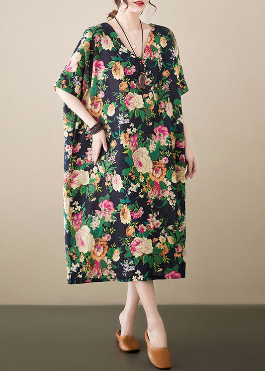 Casual Green Oversized Floral Linen Long Dress Summer LY7324 - fabuloryshop