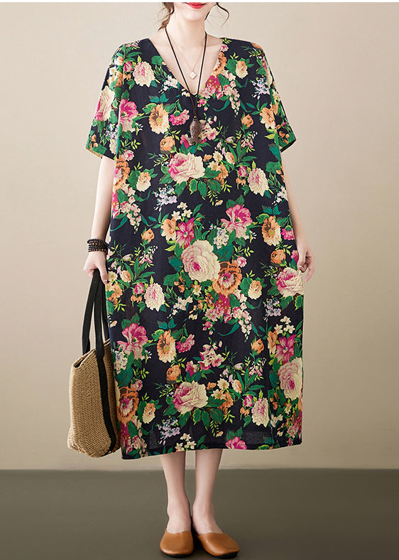 Casual Green Oversized Floral Linen Long Dress Summer LY7324 - fabuloryshop