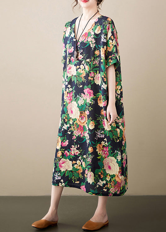 Casual Green Oversized Floral Linen Long Dress Summer LY7324 - fabuloryshop