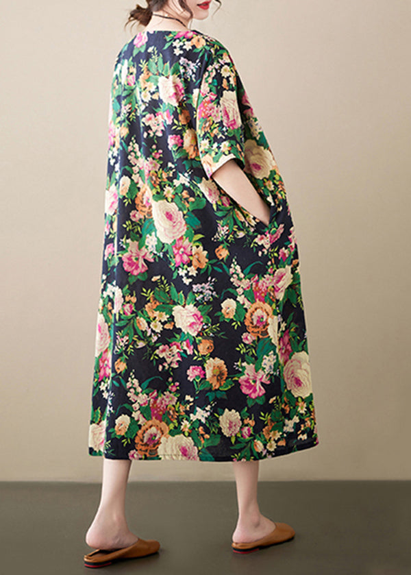 Casual Green Oversized Floral Linen Long Dress Summer LY7324 - fabuloryshop
